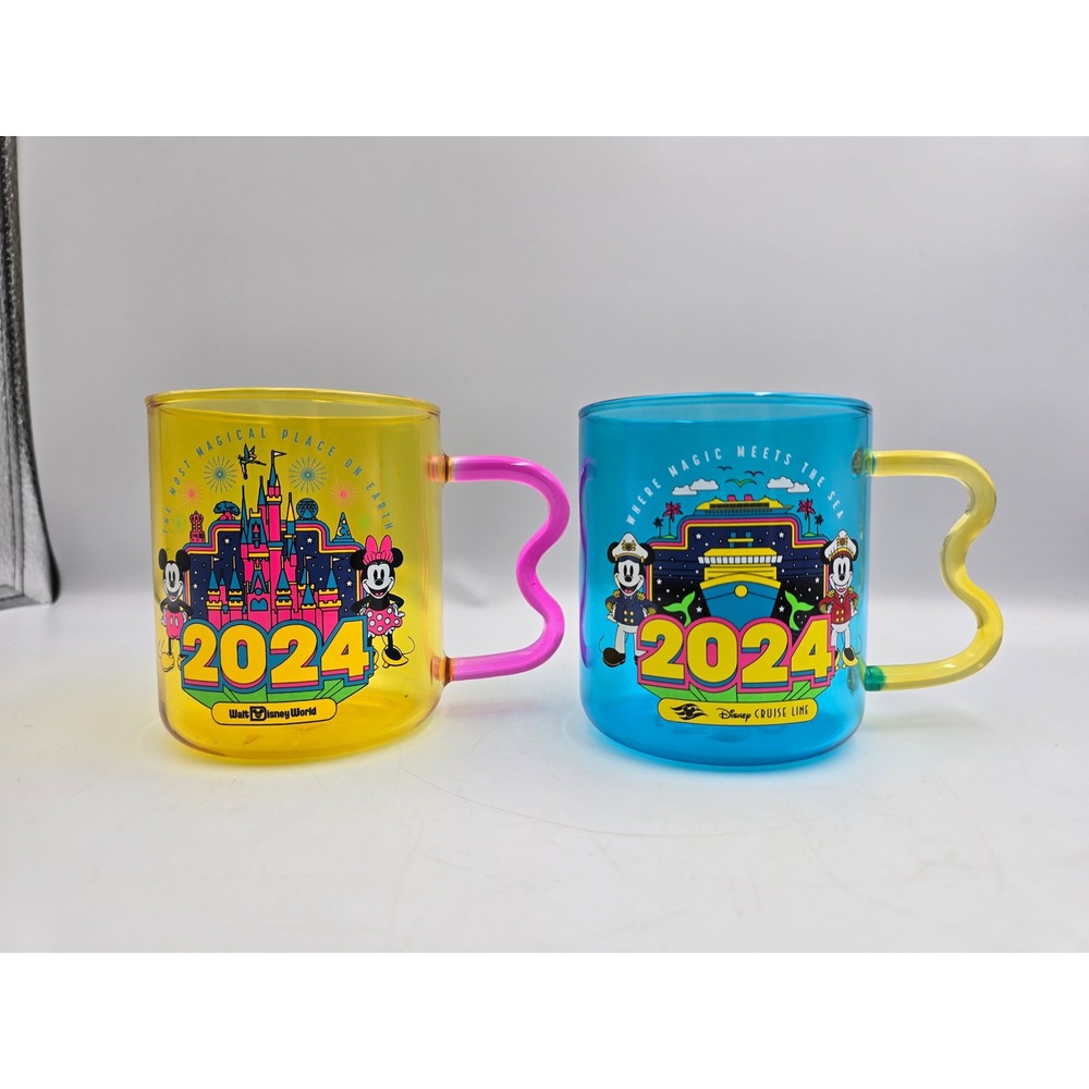 Disney 2024 Mickey Minnie Mug Set Walt Disney World & Cruise Line Glass Mugs